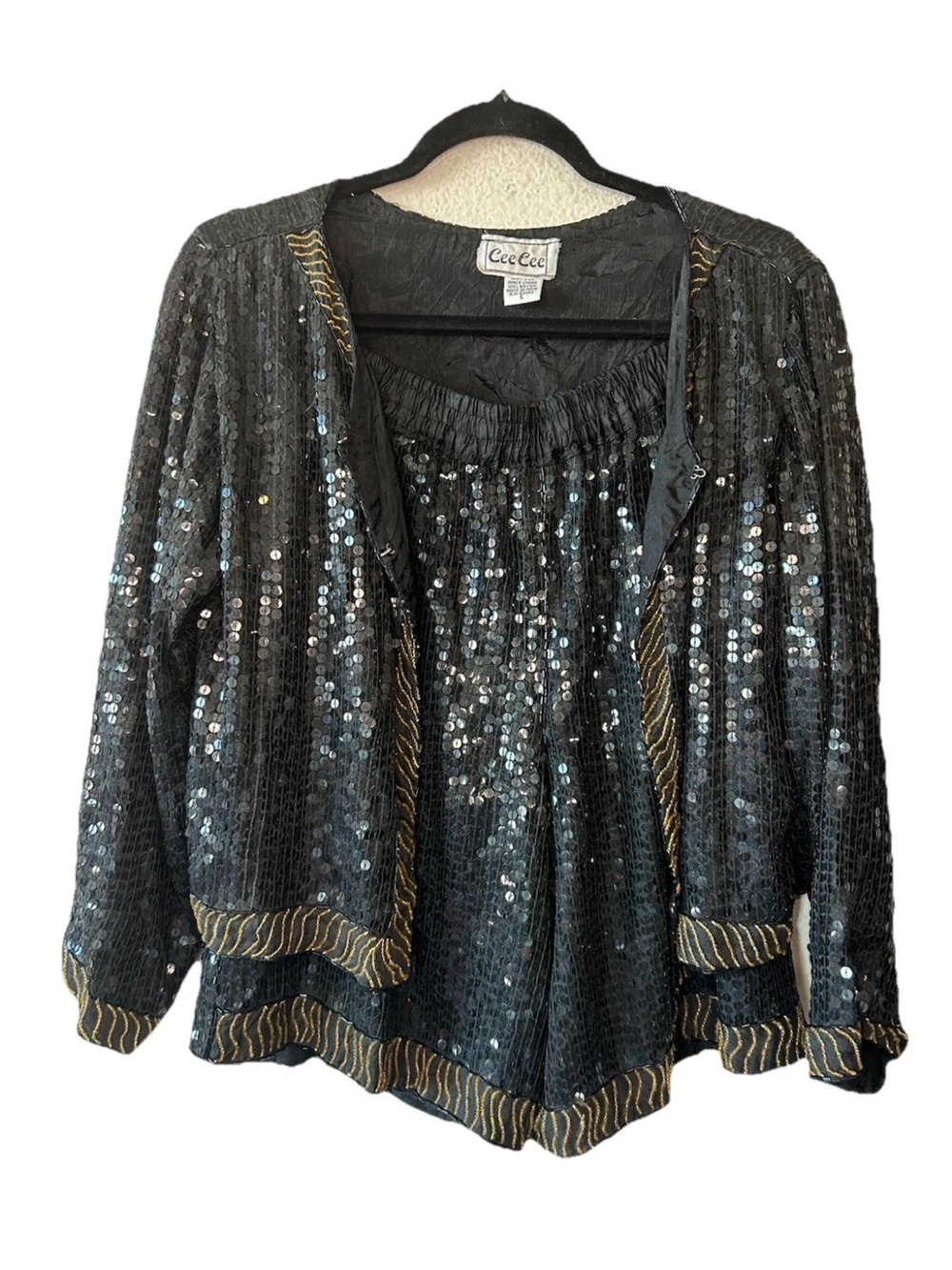 Vintage 1980’s Silk Sequin Beaded 2 Pc Set Jacket Shorts Black Gold S Glamour - Picture 7 of 12